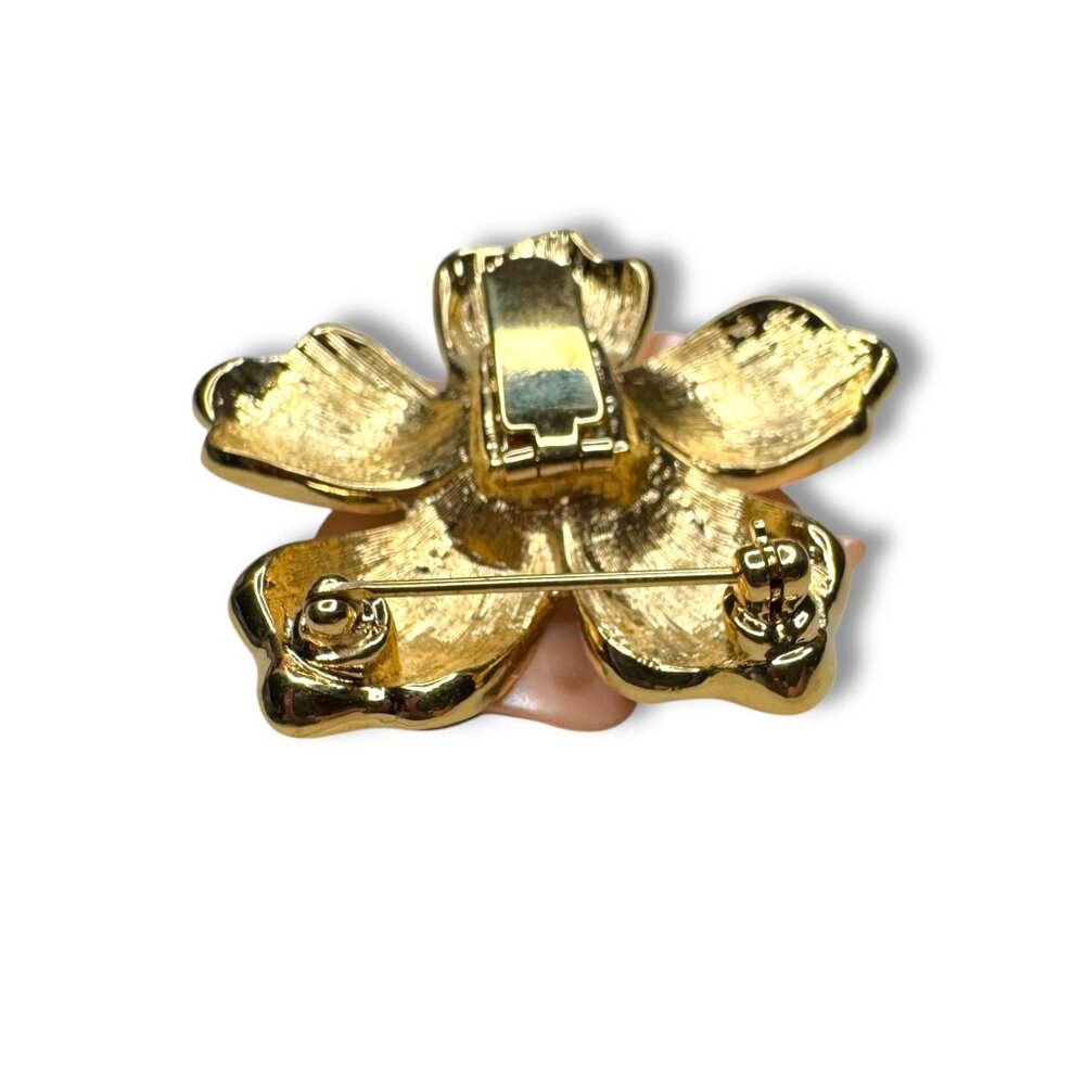 Nolan Miller Peach Gardenia Layered Enamel Lucite Flower Brooch Necklace Enhance - Picture 7 of 11